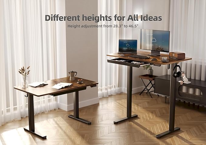 YDN Standing Desk with Drawers, Electric Adjustable Height 55 x 24 Inch Stand Up Desks for Home Office, Rustic Brown