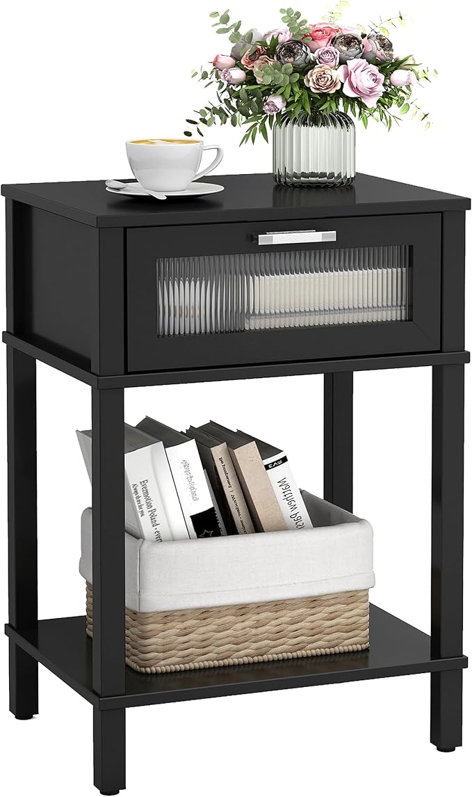 Nightstand Wooden Bedside Table with Drawer Black Night Stands Modern Style Small End Table Side Table with Storage Shelf for Bedroom Living Room MLBZ10B