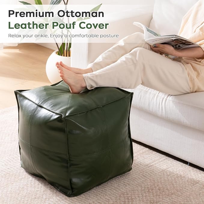 Unstuffed Pouf Cover (Only Cover, No Filler), 17.7" Faux Leather Poofy Ottoman Cover, Square Footstool For Storage Living Room Decoration Foot Rest, Footrest for Bedroom Balcony Office Chair, Green