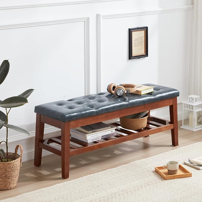 Upholstered Shoe Bench Entryway Bench for Bedroom, End of Bed, Ottoman Bench Tufted Padded Seat with Solid Wood Shelf for Living Room, Faux Leather Ink Blue