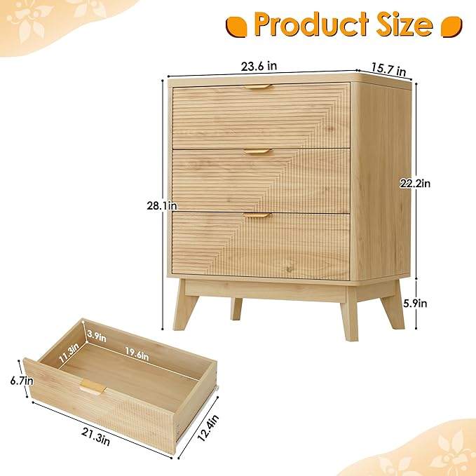 3 Drawer Fluted Nightstand for Bedroom, Modern Wood Chest of Drawers with Curved Profile, Fluted Dresser & Wood Drawer Organizer for Bedroom and Hallway