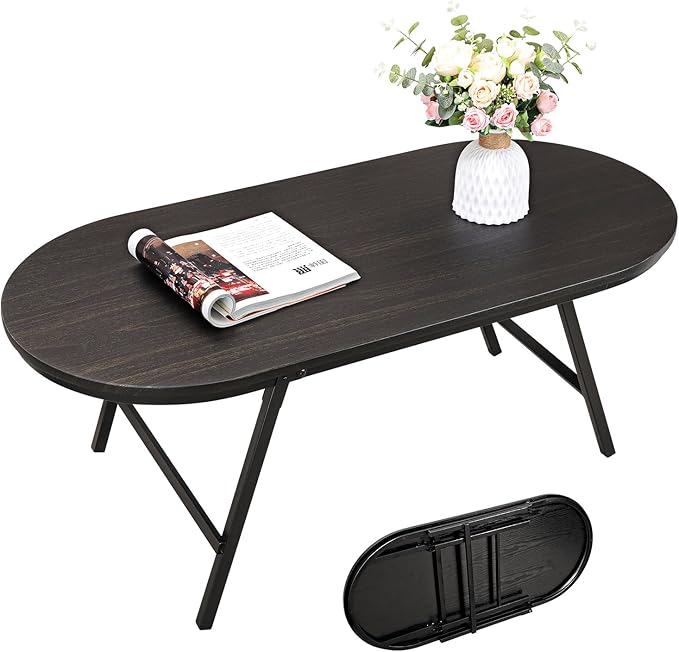 Small Oval Coffee Table Wood and Metal Folding Low Coffee Tables with Safety Lock Portable Outdoor Table Floor Center Table for Living Room Small Spaces, Black Gold