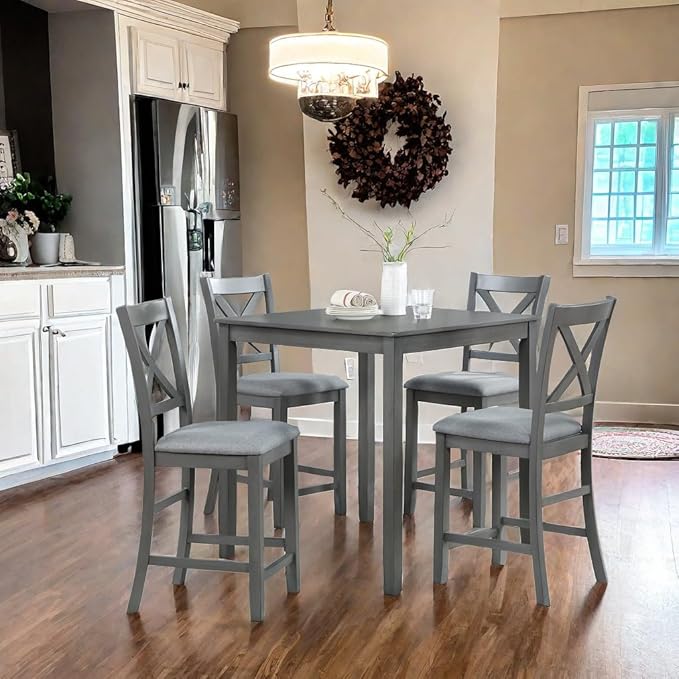 5PCS Dining Table Set, Counter Height Kitchen Table Set with Square Table and 4 Upholstered Chairs, Square Dining Table Set for 4, Gray