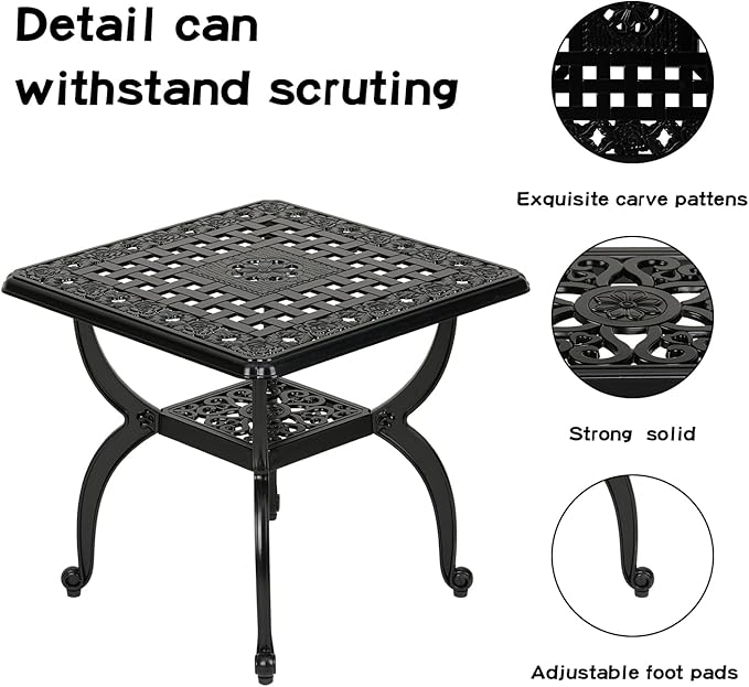 JARDIN DE CENTENNIAL Cast Aluminum Outdoor Side Table,Anti-Rust Outdoor End Table,Patio Coffee Bistro Table for Indoor,Garden,Porch,Balcony(Square Black)