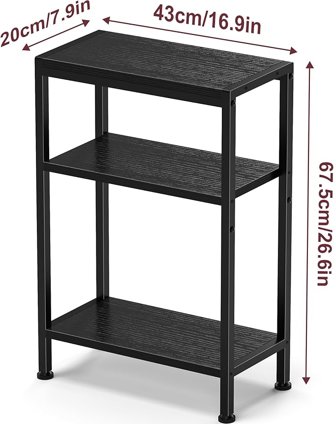 Narrow Side Table for Small Space, 3-Tier Small End Table with Shelf Holder, Slim Nightstand, Skinny Snack Couch Table in Living Room, Bedroom, Study, Kitchen and Balcony（Black