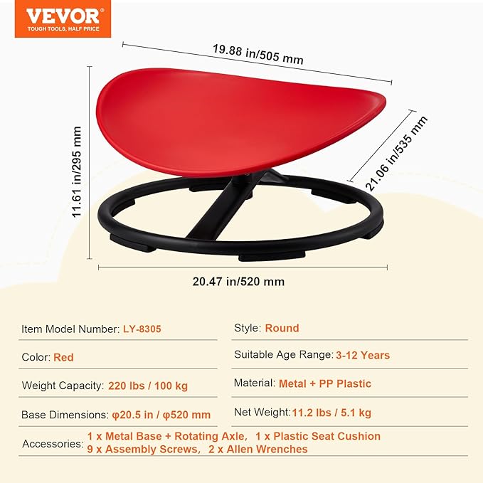 VEVOR Kids Swivel Chair, 220 LBS Capacity, Sensory Spinning Chair, Autistic Kids Sensory Toy Chair with Non-Slip Metal Base, Toddler Sit and Spin for Coordination Balance Focus Training Red