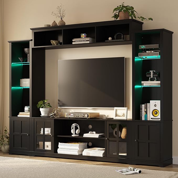 Wall Unit TV Stand with Storage & LED Lights, Large Entertainment Center with Bookshelves for TVs up to 75", Media Console for Living Room, Black