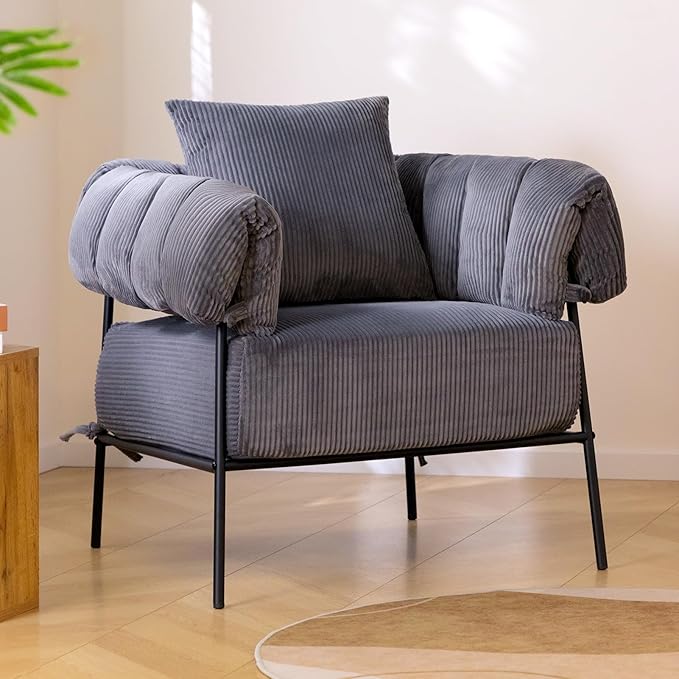 HollyHOME Modern Velvet Accent Chair, Upholstered Comfy Reading Chair, Fabric Large Lazy Arm Chair with Soft Cushion, Metal Frame Lounge Sofa Chair for Living Room, Bedroom, Balcony,Dark Grey