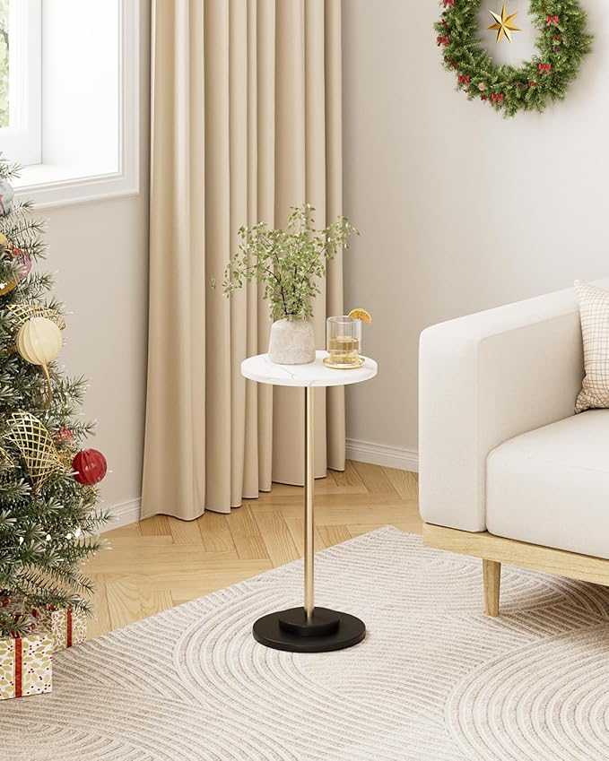 Round Side Table, Small Drink Table for Small Spaces, Modern Accent End Table Coffee Table with Metal Leg for Living Room, Bedroom, Corners, and Office (White Marble)