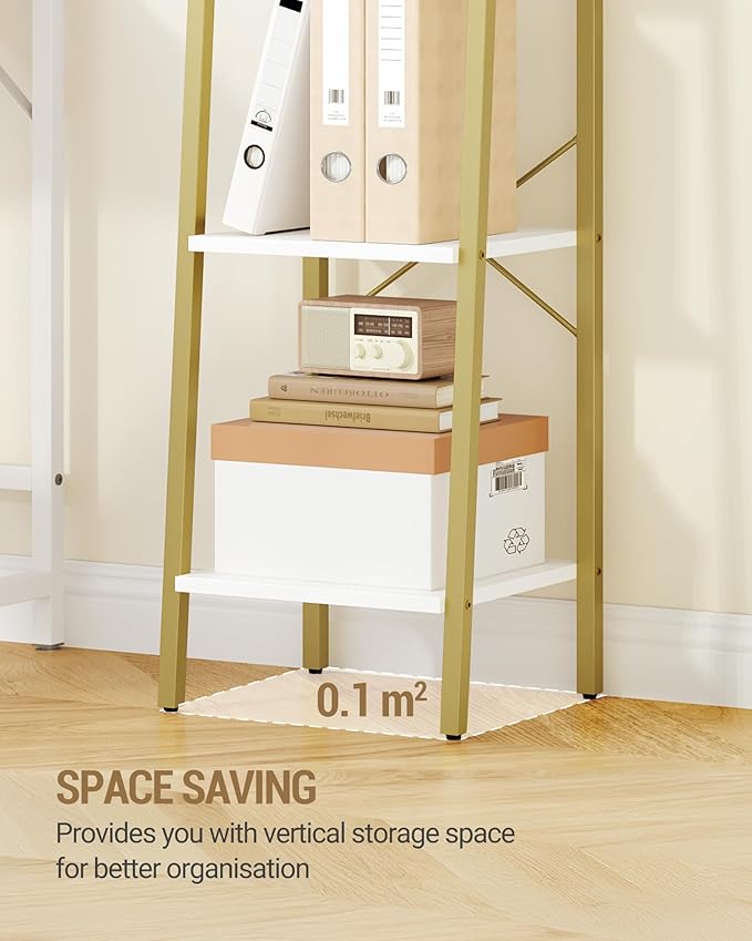 Ladder Shelf, Bookshelf Bookcase, Freestanding Corner Storage Shelve with 2 Hooks for Home Office, Living Room, Kitchen, Bedroom, Industrial, 4-Tier White Gold BC13213G