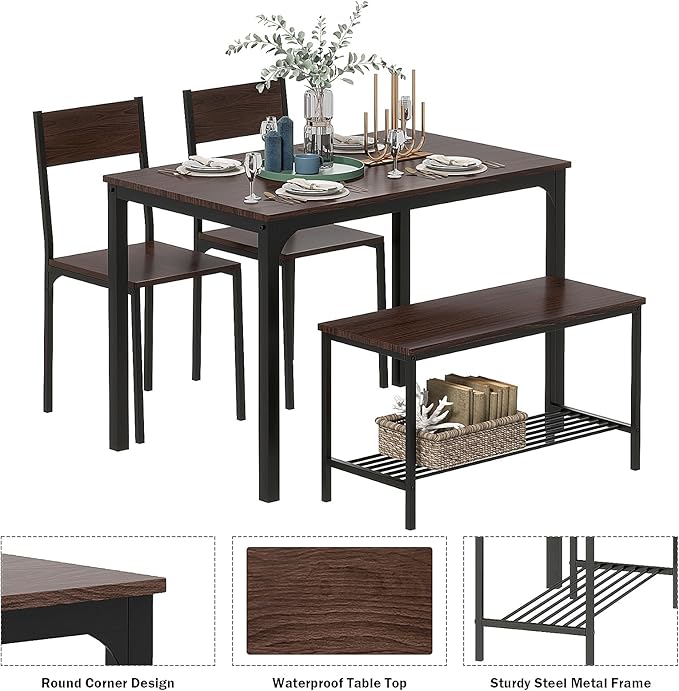 sogesfurniture Table Chairs Set of 4, Dining Table Set for 4 with Bench and Chairs, 4 Pieces Kitchen Table Set with Storage Rack & Metal Frame for Small Space,Elegant Brown
