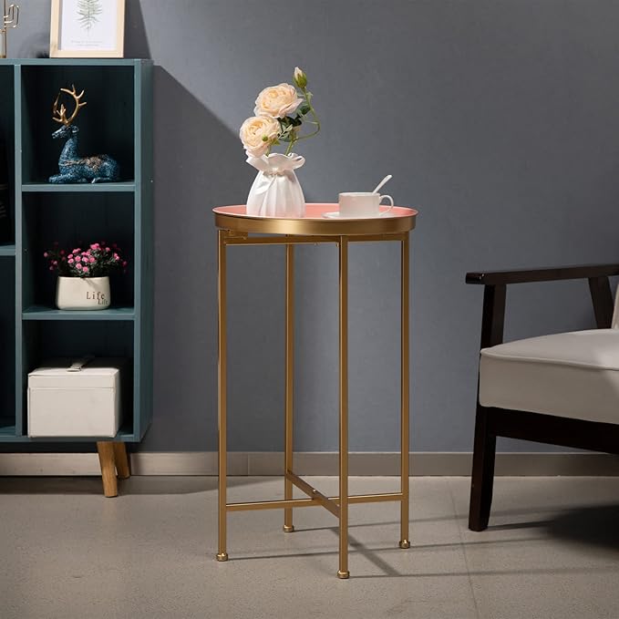 HollyHOME Small Round Metal End Table, Accent Indoor&Outdoor Coffee Side Table, Snack Sofa Table for Living Room, Anti-Rust Decorative Plant Stand, (D) 14.5" x(H) 25", Gold&Pink