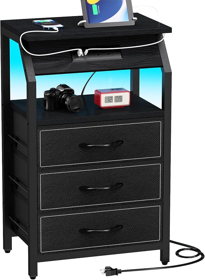 End Table with 3 Drawers, Nightstand with Charging Station and LED Lights, Small Fabric Dresser for Bedside, Storage Side Table for Living Room Dorm, Black