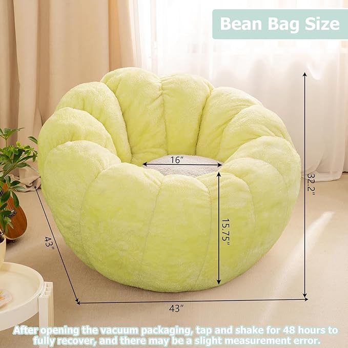 Pumpkin Bean Bag Sofa Chair for Adult, Beanbag Couch with Filler for Reading and Relaxation, Comfy and Lazy Sofa for Dorm, Apartment, Living Room and Bedroom, Grass Green