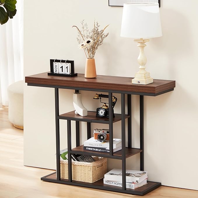 HABUTWAY 42" Industrial Entryway Table, Narrow 4-Tier Wood Console Table for Living Room, Accent Tables Living Room, Sofa Table for Front Door, Hallway, Foyer, Rustic Brown
