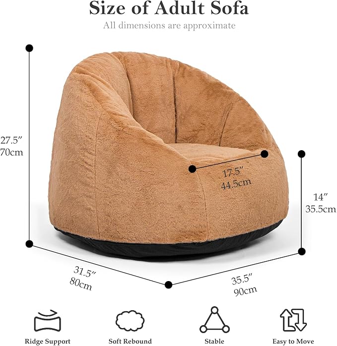 N&V Medium Shell Bean Bag Chair, Adult Size Bean Bag Sack, Foam Filling, Includes Removable and Machine Washable Cover, 37in, Soft Faux Fur (Brown, Medium)
