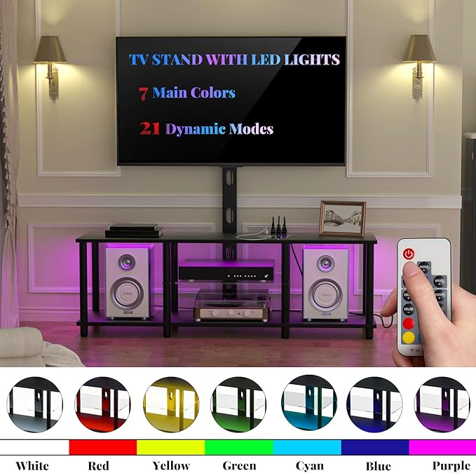 TV Stand with Mount and Led Light，Black TV Stand with Power Outlets for 32/40/43/50/55/60/65/70 Inch TV,Entertainment Center with Open Storage Shelf for Bedroom/Living Room/Office
