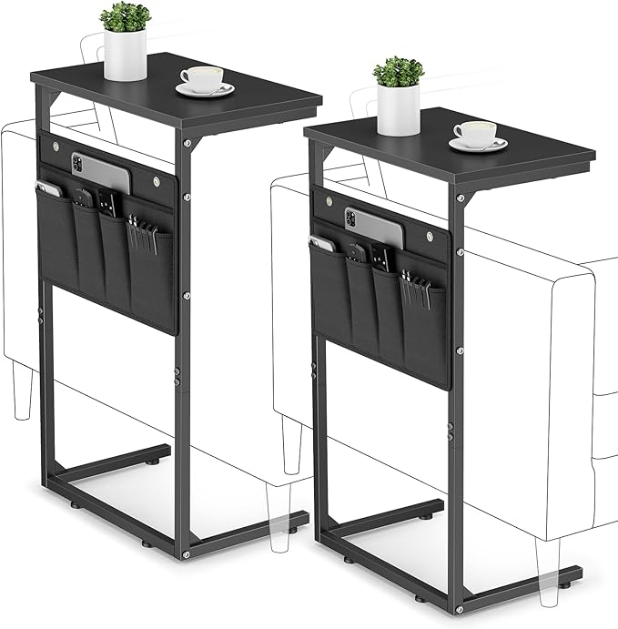Vagusicc C Shaped End Table Set of 2, Tall Side Table for Sofa, Small Couch Side With Storage Bag, TV Tray for Small Spaces, Sturdy Slide Under Sofa With Metal Frame for Living Room