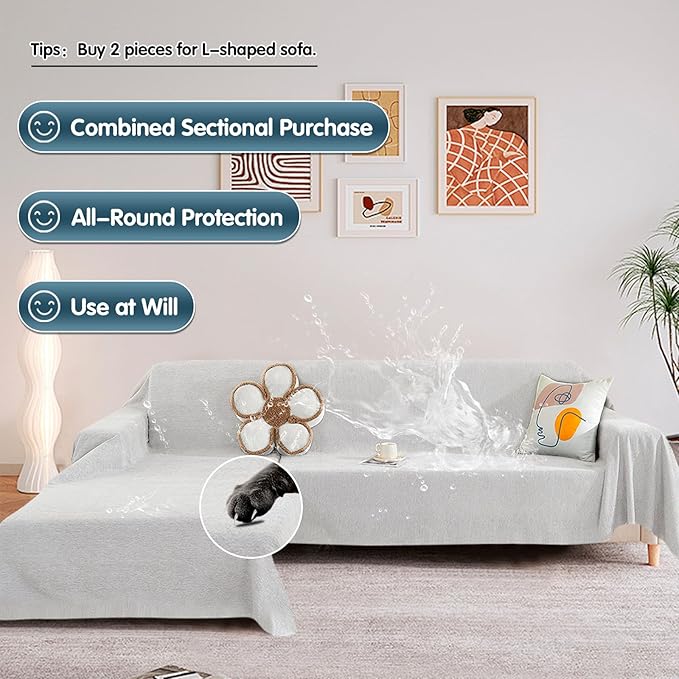 STACYPIK Waterproof White Sofa Cover, Anti-Scratch Pet Sofa Cover for 3 Cushion Couch, Washable Furniture Protector, Loveseat Slipcover for Sectional, Multi-use Couch Cover for L-Shaped-71X134IN