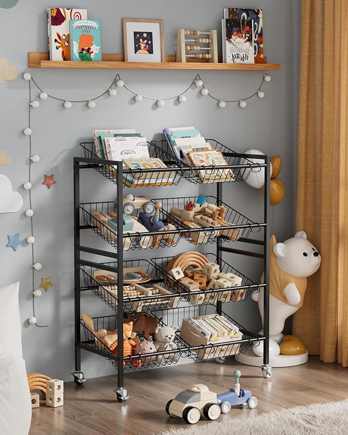 25.2''W Kitchen Storage Cart, Rolling Snack Cart, 4 Tier Fruit Basket Stand, Metal Pantry Storage with 8 Stackable Wire Baskets, Black