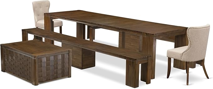 X02SI-2C8-04 - 6 pc Modern Dining Set contains an Extendable Rectangle Kitchen Table, 1 Coffee Table, 2 Dining Chairs and 2 Modern Benches, 39x120 Inch, Antique Walnut