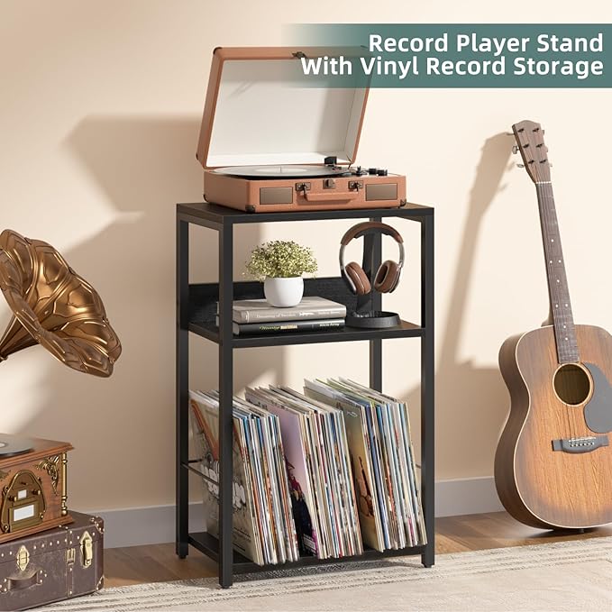 LELELINKY Record Player Stand Set of 2, 3-Tier End Side Table with Vinyl Record Storage, Vinyl Record Holder Up to 120 Albums, Turntable Stand with Vinyls Storage for Music Living Room