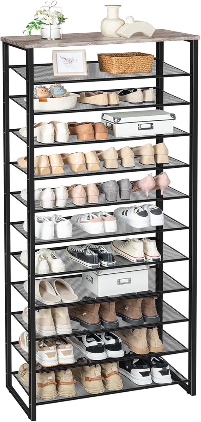HOOBRO Shoe Rack, 12-Tier Shoe Storage Organizer, Large Capacity Shoe Shelf for Front Door Entrance, Entryway, Closet, Holds 36-48 Pairs of Shoes, Closet, Greige and Black BG127XJ01