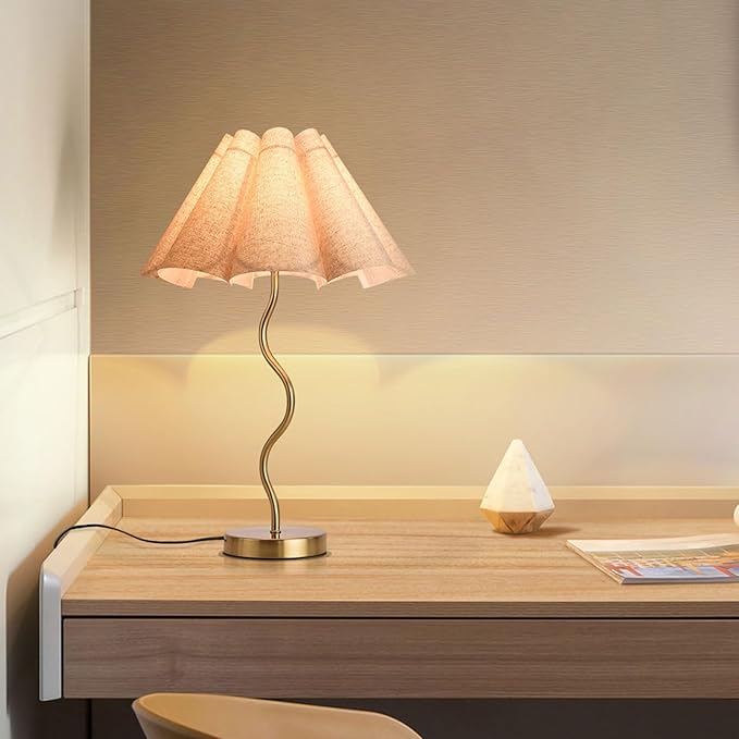 KUNJOULAM Small Table Lamp, Bedside Nightstand Lamp with Umbrella Form Fabric Lampshade, Morden Mini Desk Lamp for Bedroom Home Office Decor