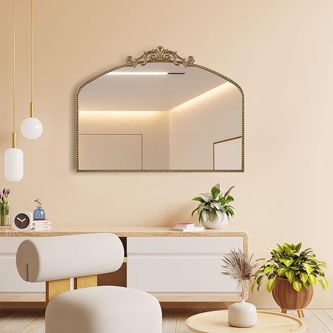 Gold Antique Mirror 40” x 30”, Large Ornate Mantel Mirrors with Arch Frame, Vintage Mirror Over Fireplace, Decorate Gold Beaded Frame for Living Room/Entryway/Dresser