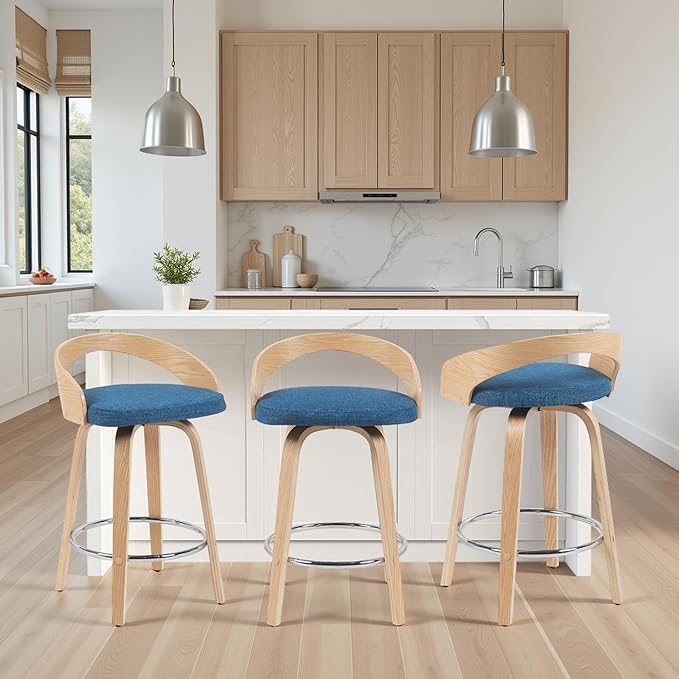 Armen Living Sonia Modern Swivel Counter Height Bar Stool with Blue Upholstered Seat and Patterned Oak Wood Finish