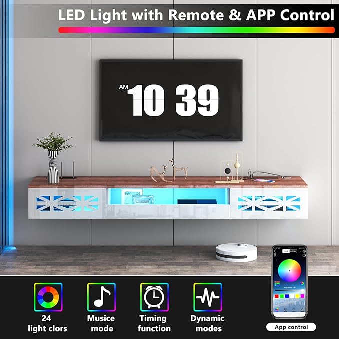 Floating TV Stand, 71" Floating Entertainment Center Wall Mounted,Floating Wall Mounted TV Shelf with Led Lights and Power Outlet,Modern High Gloss tv Cabinet Media Console with Storage