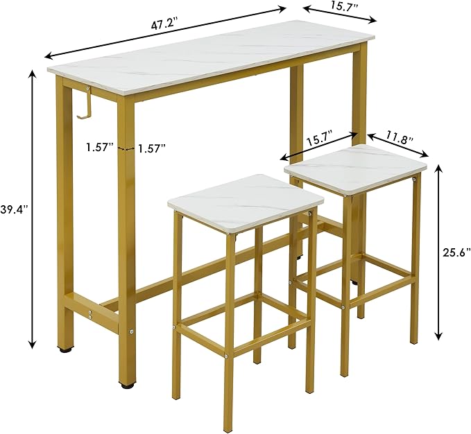 Finnhomy Bar Table Set, 47" Pub Table High Top Table, Rectangular Bar Height Table, Bar Table with Stools, Kitchen Table Set for 2, Industrial Breakfast for Kitchen, Living Room, Gold