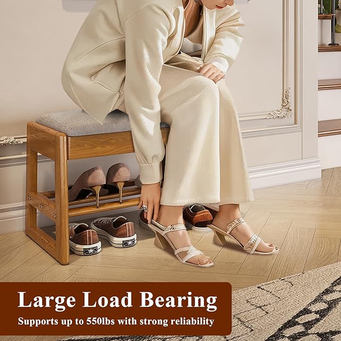 Shoe Rack Bench with Cotton-Linen Cushion 2-Tier Wooden Storage Bench 550lbs Compact Simple & Modern Design for Entryway, Hallway, Bedroom, Living Room, Closet, Front Door Entrance, Foyer