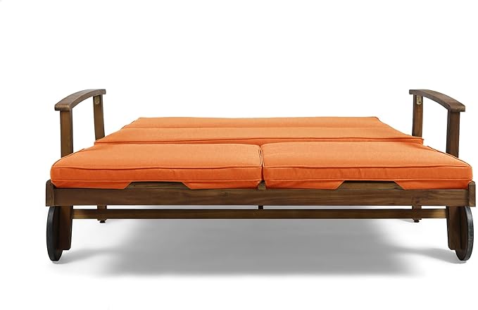 Christopher Knight Home Samantha Double Chaise Lounge for Yard and Patio, Acacia Wood Frame, Teak Finish with Orange Cushions