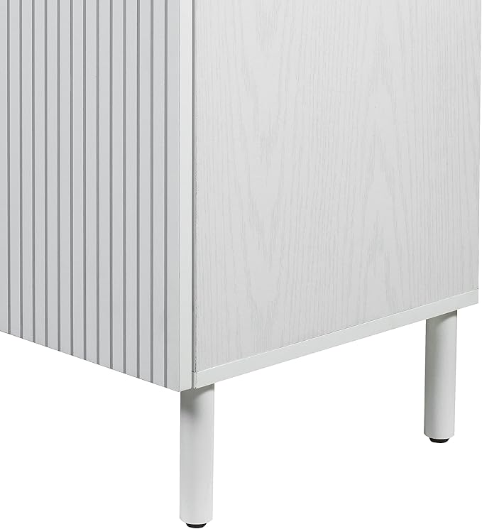 Sango Merk 2-Door Cabinet, Modern White Storage Cabinet with Vertical Groove Doors, Adjustable Shelf, Cylindrical Wood Legs, Discreet Metal Finger Pulls, Stylish Furniture for Living or Dining Room