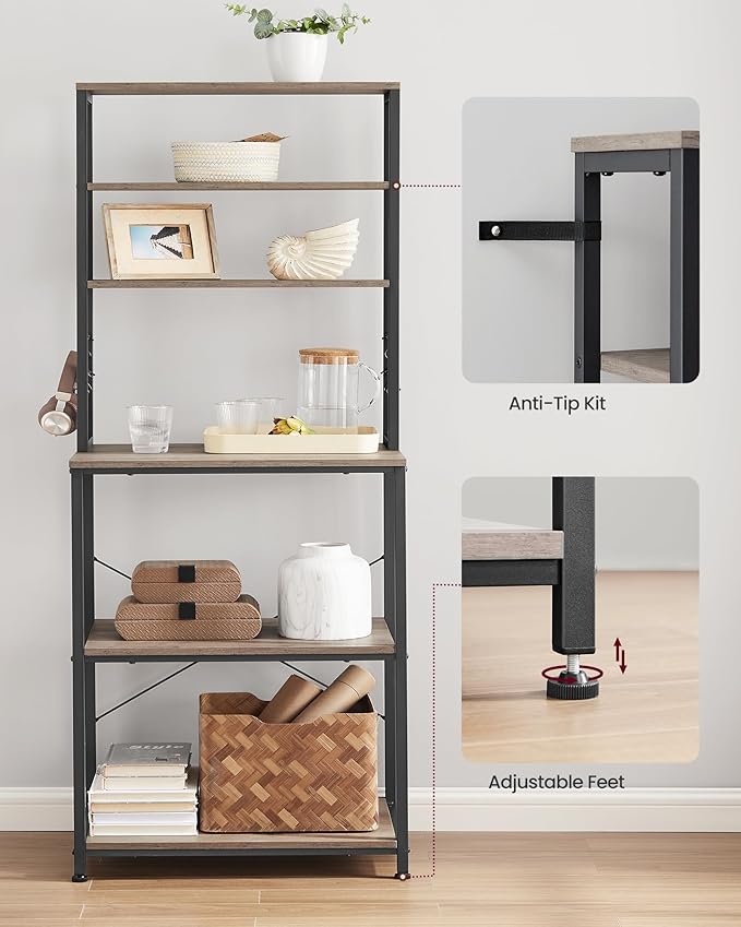 VASAGLE Coffee Bar, Baker’s Rack for Kitchen with Storage, 6-Tier Kitchen Shelves with 6 Hooks, Microwave Stand, Industrial, 15.7 x 23.6 x 65.7 Inches, Greige and Black UKKS024B02