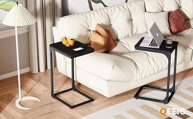 QEEIG C Table Side Table Living Room C Shaped Couch Tray End Table Modern 1 Pack, Black (017-30BN-1)