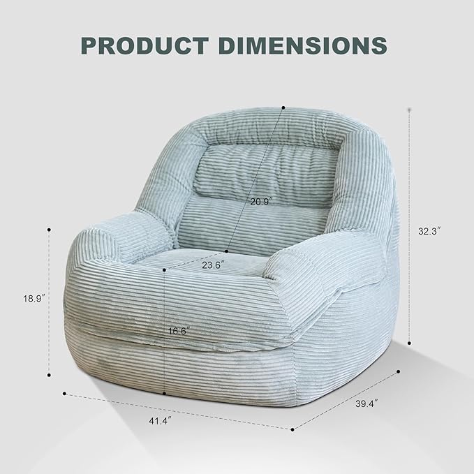 Giant Bean Bag Chair with Armrests - Oversized Cozy Seating for Adults, Corduroy Fabric & High - Density Foam Filling, Ideal Lounge for Living Room, Bedroom & Gaming Room (Mint Green)