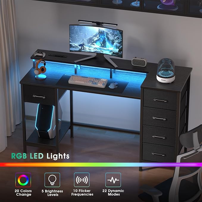 47 Inch Computer Gaming Desk with Power Outlets & LED Lights Reversible Home Office Desk with Adjustable 5 Fabric Storage Drawers for Working Writing Study, Black