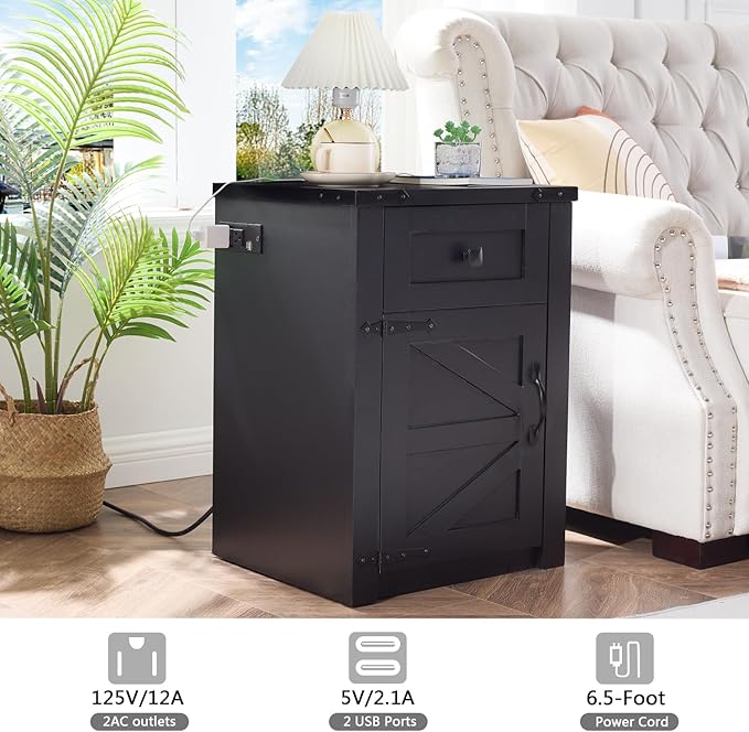 SOOWERY Nightstands Set of 2, Nightstand with Charging Station, Farmhouse End Table with Barn Door and Drawer, Rustic Wood Sofa Side Table for Bedroom, Living Room, Black