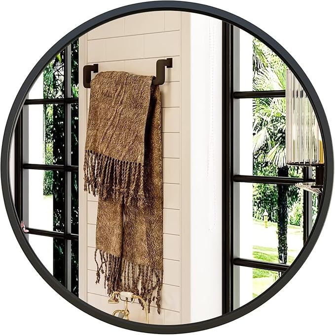 Growsun 28'' Black Round Mirror for Bathroom, Circle Bathroom Mirror for Wall, Entryway Living Room with Metal Frame for Home Decor