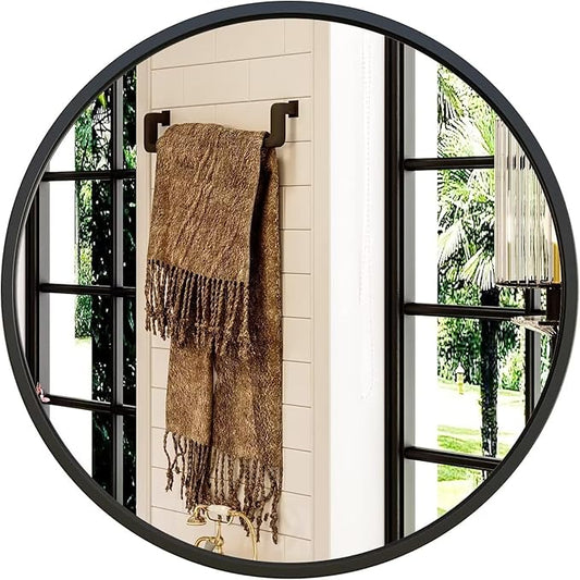 Growsun 28'' Black Round Mirror for Bathroom, Circle Bathroom Mirror for Wall, Entryway Living Room with Metal Frame for Home Decor