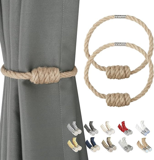 BEL AVENIR Magnetic Jute Curtain Tiebacks, Decorative Drapery Holdbacks Bohemian Style Woven Tie-Backs with Exquisite Knot (Jute, 2 Pack)