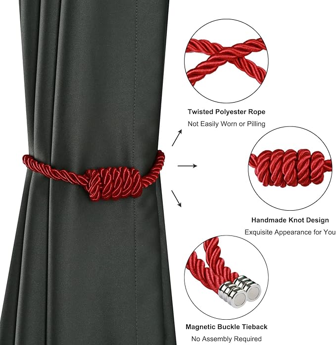 BEL AVENIR Magnetic Curtain Tiebacks, Decorative Drapery Holdbacks Modern Woven Tie-Backs with Exquisite Knot (Red, 4 Pack)
