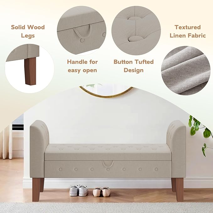 Awonde Upholstered Storage Bench with Arms Ottoman Bench for Bedroom Entryway Living Room Khaki