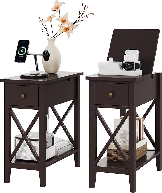 ChooChoo End Table Set of 2, Flip Top Narrow End Table with Drawer, Accent Small Side Table Nightstand for Living Room, Bedroom, and Small Spaces, Espresso