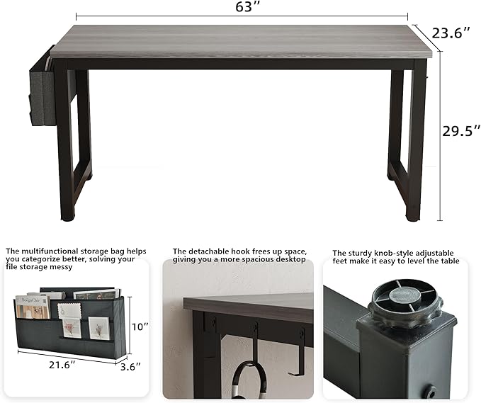 Large Computer Desk - 63 Inch Home Office Desks Study Student Writing Table Gaming Desk Wood Modern Simple Table with Storage Bag & Headphone Hooks, Grey