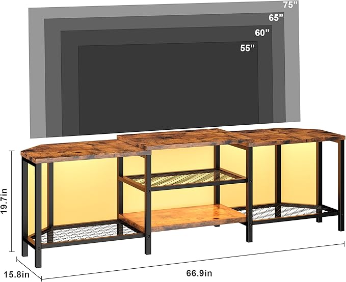 GarveeHome 67 Inch Large TV Stand with LED Lights for 55/65/75 Inch TV, Corner Entertainment Center with Power Outlets, 4 Open Storage Shelves, Media Console for Living Room, Bedroom, Vintage Brown