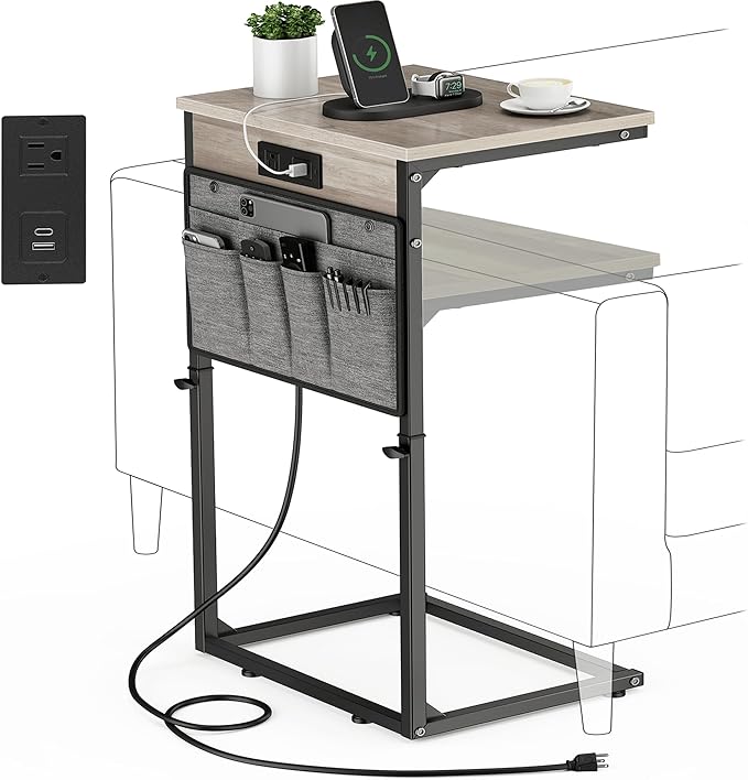 Vagusicc C Shaped End Table with Charging Station, 33" Tall Side Table for Couch, C Table Adjustable Height Small Couch Side Table, Slide Under Sofa Table TV Tray Arm Table for Living Room, Greige