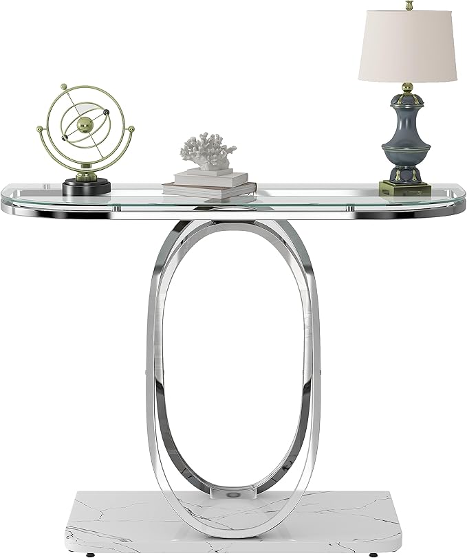 O&K FURNITURE Glass Console Tables for Entryway,Silver Entryway Table with Oval Frames and Marble Base,Chrome Entrance Table Glass Sofa Table for Living Room,Hallway,Silver Glass&White Faux Marble